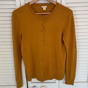 J.Crew Caryn Cardigan Mustard Yellow Cotton Button Front Crew Neck Sweater Small